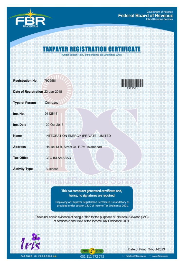 TaxPayer Registration Certificate-INT PAK-1